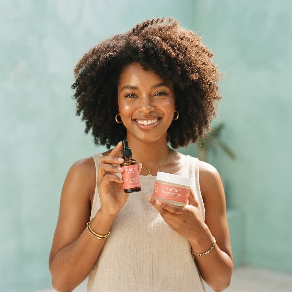 Une femme souriante tient les deux soins Hair Story